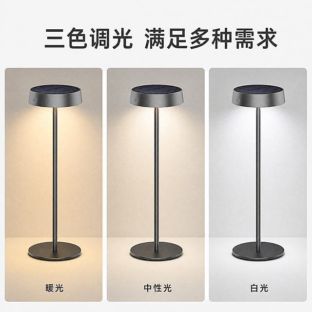 [主图-3] 太阳能充电台灯三色调光功能展示
[氛围风格] 简约功能展示风，保持整体风格、字体、配色与前两图统一
[画质] 商业摄影质感、光线柔和通透、产品清晰真实、画面干净高级
[元素] 采用三格拼图版式，同一机位展示台灯三种灯光模式：暖光、中性光、白光三张图并排，每个方格只展示一种灯光状态；保持太阳能充电台灯外观（即物理结构、材质质感、颜色）与输入产品图绝对一致，杜绝任何变形和色差，精细化处理。每个格子都保留完整台灯和场景，整体布局均衡
[光影] 三种灯光效果清晰区分，色温差异明确，每盏灯自身光影统一自然，无过曝或欠曝
[配色] 背景保持浅灰色，每个方格间距留白，文字使用深灰色，整体配色统一
[视角构图] 三个方格均采用相同平视视角，构图一致，对比清晰
[文字版式] 顶部大字主文案“三色调光 满足多种需求”，每个方格下方对应标注“暖光/中性光/白光”，文字小巧清晰，不遮挡灯光效果
[比例分辨率] 1:1 比例，4k 分辨率；文字清晰锐利，画面超高清
[负向提示词] 变形，水印，文字错乱，产品图模糊，背景杂乱，光影不一致，色温差异不明显