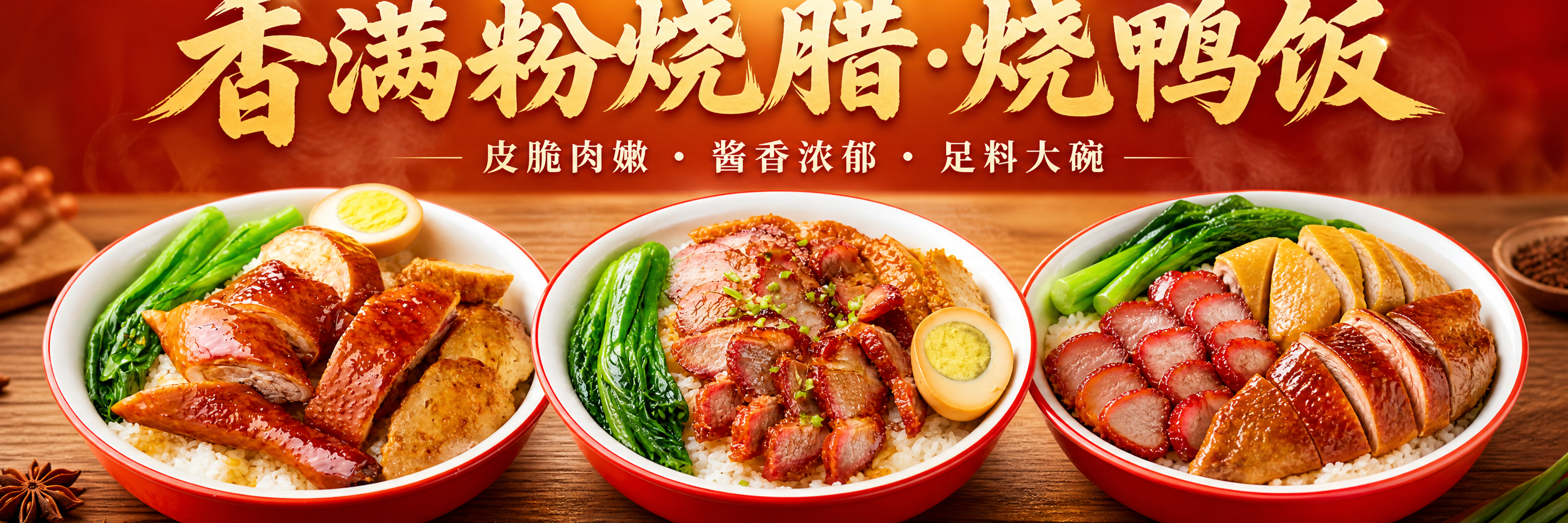 外卖店铺海报Banner设计，超宽横版构图。画面横向展示三款烧… - 图片创意预览