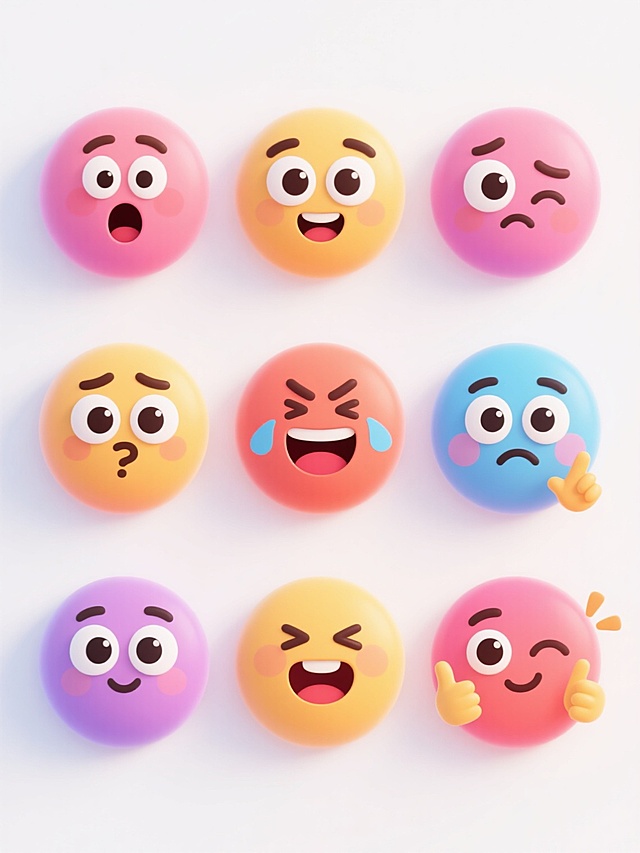 一套9个圆形卡通表情包，每个表情都有光滑渐变的不同配色，包含惊讶、开心、疑惑、生气、害羞、大笑、难过、得意、调皮等多样化的面部表情，每个表情包都有独特的手势或小元素造型，整体采用简洁可爱的2D数字艺术风格，白色背景，上下两行整齐对齐排列，每个表情都有大大的眼睛、明显的眉毛和夸张的嘴巴，保持统一的圆润造型和明亮的色彩风格。