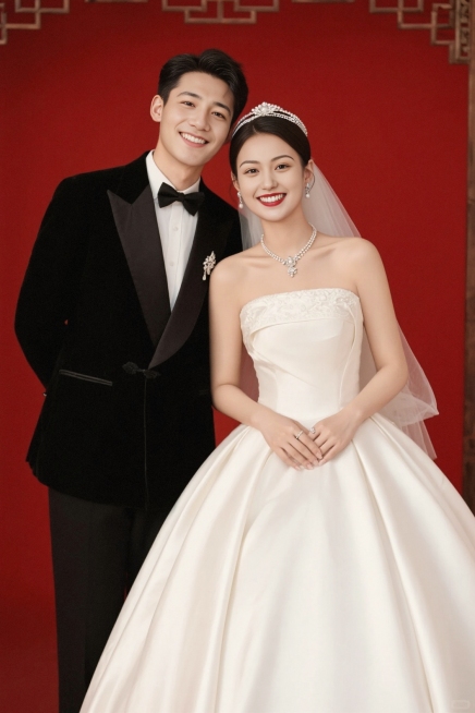 穿着婚礼服装的情侣，帅气新男身着黑西装礼服，漂亮新娘身着象牙白高定塔夫绸婚纱，新郎站在左边，新娘站在右边，新娘搭配套高定饰品，红色背景，古典中式风格，两人紧紧靠在一起，笑容灿烂，光线明亮均匀，欢乐甜蜜预览效果