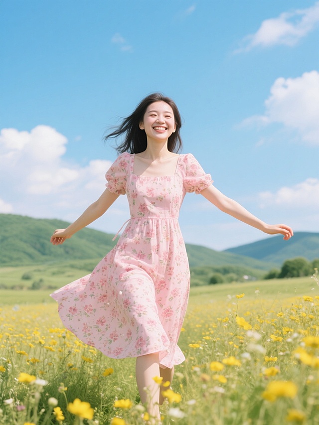 一位长相甜美、笑容灿烂的年轻女性，身着一件粉色碎花连衣裙，双手自然张开，裙摆随风飘动，站在一片开满黄色野花的田野中，背景是蓝天白云和远处的绿色山丘，阳光明媚，光线充足，整体画面呈现出清新自然的摄影风格，色彩明亮柔和，充满夏日的活力与浪漫气息。
