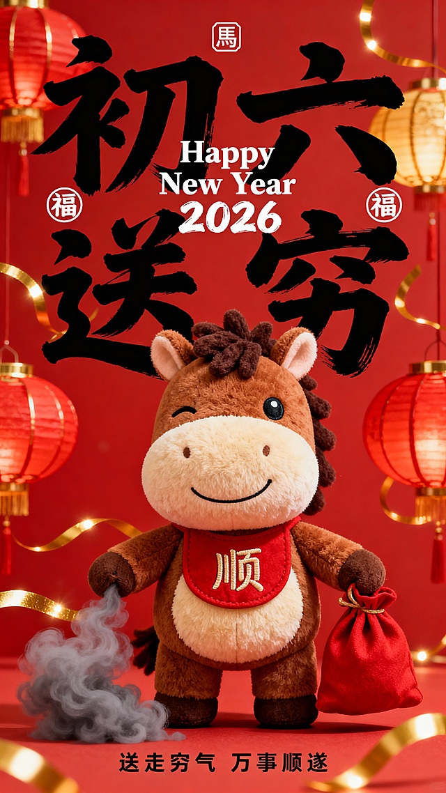 提示词：纯正面小马，Q 版棕褐配色的拟人毛绒小马公仔（腹部是浅米色毛绒，单眼眯起微笑，鬃毛为深棕短绒质感，圆鼓鼓的肚子），站立，身着红布坎肩（坎肩绣 “顺” 字），手持红色布袋，正将灰雾状 “穷气” 装入袋中。红色背景，搭配红 / 金配色灯笼与金色光带；小马公仔位于画面中下部核心区域；画面上部排布大号黑色毛笔大字 “初六 送穷”（笔触清晰），中间叠印白色体小字 “Happy New Year 2026”，背景文字两侧点缀圆形 “福” 字标识，画面顶部有小型 “馬” 字图形标识，底部有黑色很小的字 “送走穷气 万事顺遂”（2026 为毛笔字体）。