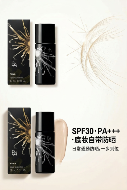 现代主义高奢美妆广告风，杂志级功能排版，白色+浅米色主色调，高端简约，展示防晒防护卖点。画面左侧为POLA B.A粉底液瓶身与外盒组合，瓶身旁有浅米色粉底液液体铺展开的薄透质感，模拟上妆后的防晒膜。严预览效果