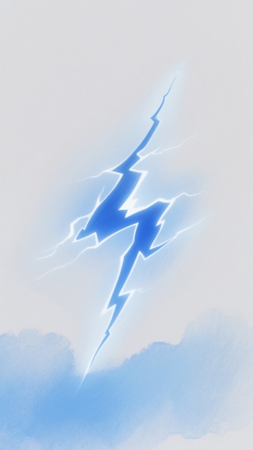 一张以纯净白色为背景的数字艺术插画，画面中央是一道动态的蓝色闪电，闪电的线条呈现出自然的曲折分叉形态，边缘带有柔和的白色高光。闪电周围环绕着由浅至深渐变的淡蓝色光晕，光晕边缘模糊柔和，呈现出半透明的水彩晕染质感，底部光晕颜色稍深并带有细微的蓝色渐变层次，整体营造出一种神秘而充满能量的氛围，画面简洁而富有动感，光影过渡自然平滑。预览效果