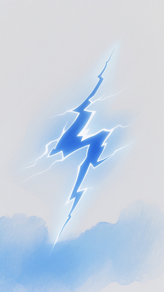 一张以纯净白色为背景的数字艺术插画，画面中央是一道动态的蓝色闪电，闪电的线条呈现出自然的曲折分叉形态，边缘带有柔和的白色高光。闪电周围环绕着由浅至深渐变的淡蓝色光晕，光晕边缘模糊柔和，呈现出半透明的水彩晕染质感，底部光晕颜色稍深并带有细微的蓝色渐变层次，整体营造出一种神秘而充满能量的氛围，画面简洁而富有动感，光影过渡自然平滑。