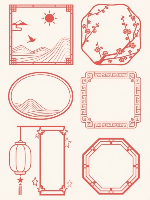 中国传统红色线条勾勒的六个不同形状的装饰性边框，规整排布成两行三列。上排从左到右：带有远山、飞鸟和太阳图案的长方形边框，梅花枝缠绕的不规则长方形边框；中排从左到右：左下有远山和线条装饰的圆形边框，四角有传统回纹和云纹的正方形边框；下排从左到右：左侧悬挂灯笼的长方形边框，两侧有星形花纹的八边形边框。所有边框均为单一红色线条绘制，内部留白，整体呈现简洁、对称、具有中国传统美学风格的设计感，适合作为……预览效果