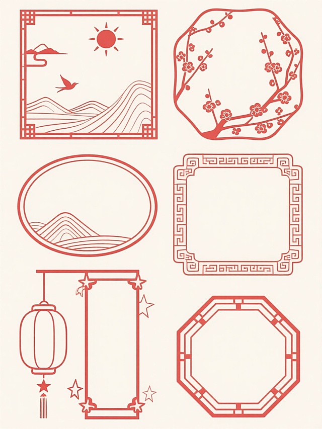 中国传统红色线条勾勒的六个不同形状的装饰性边框，规整排布成两行三列。上排从左到右：带有远山、飞鸟和太阳图案的长方形边框，梅花枝缠绕的不规则长方形边框；中排从左到右：左下有远山和线条装饰的圆形边框，四角有传统回纹和云纹的正方形边框；下排从左到右：左侧悬挂灯笼的长方形边框，两侧有星形花纹的八边形边框。所有边框均为单一红色线条绘制，内部留白，整体呈现简洁、对称、具有中国传统美学风格的设计感，适合作为装饰性框架使用。
