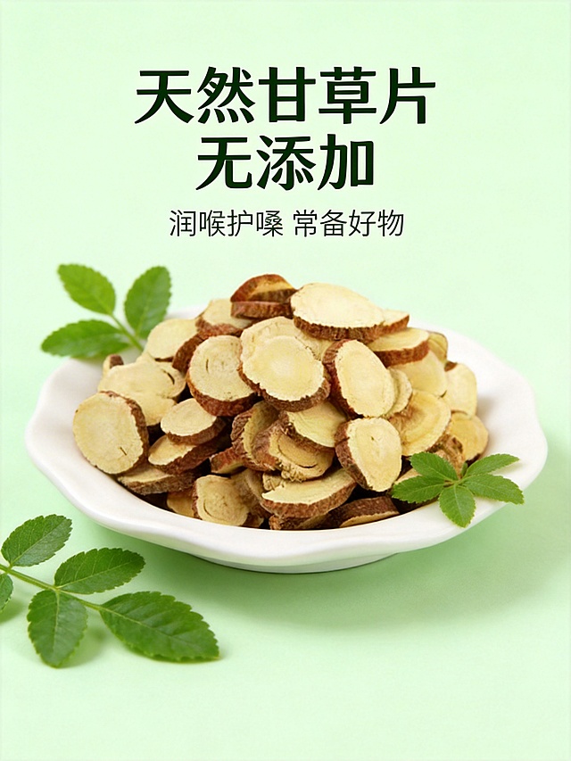 基于现有甘草片图片，制作成适合商用的主图，采用淡绿色清新背景，甘草片放置在白色陶瓷盘里，搭配几片新鲜甘草叶点缀，添加“天然甘草片 无添加”“润喉护嗓 常备好物”的文案，打造自然健康的商用风格