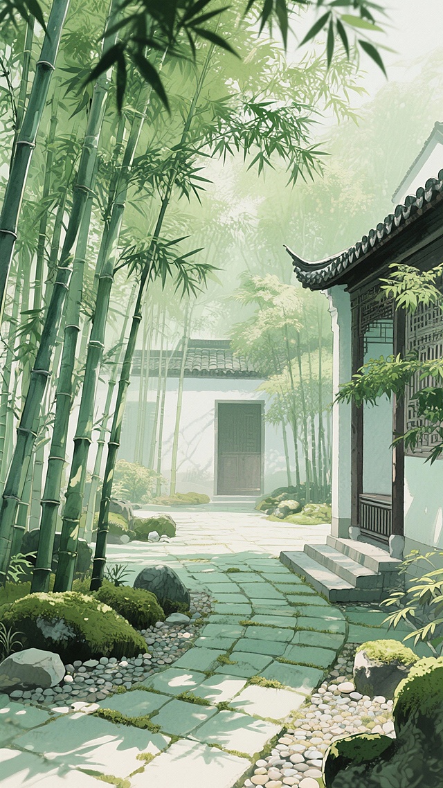 古风，绿色，庭院，江南竹林，不要人，二次元，细节丰富，生成10张