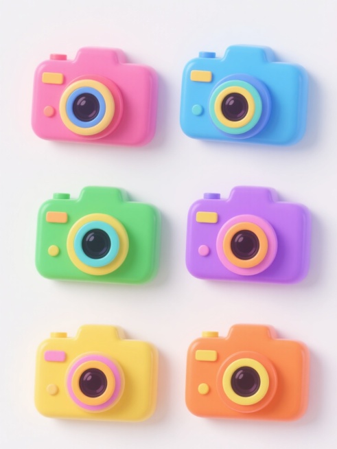 6个不同配色的系列素材集合，每个素材都是一个造型规整排布的卡通风格3D相机图标，相机主体为不同鲜艳纯色，镜头由多层不同颜色的圆环组成，顶部有方形凸起，正面有两个小按钮和一个长方形装饰块，所有元素均采用圆润边角设计，表面光滑有轻微光泽感，每个相机图标独立放置在纯白色纯色背景上，整体呈现出可爱、童趣的氛围，6个相机图标以2行3列的规整网格形式排布在同一画面中，每个相机的配色方案完全不同，包括但不限……预览效果
