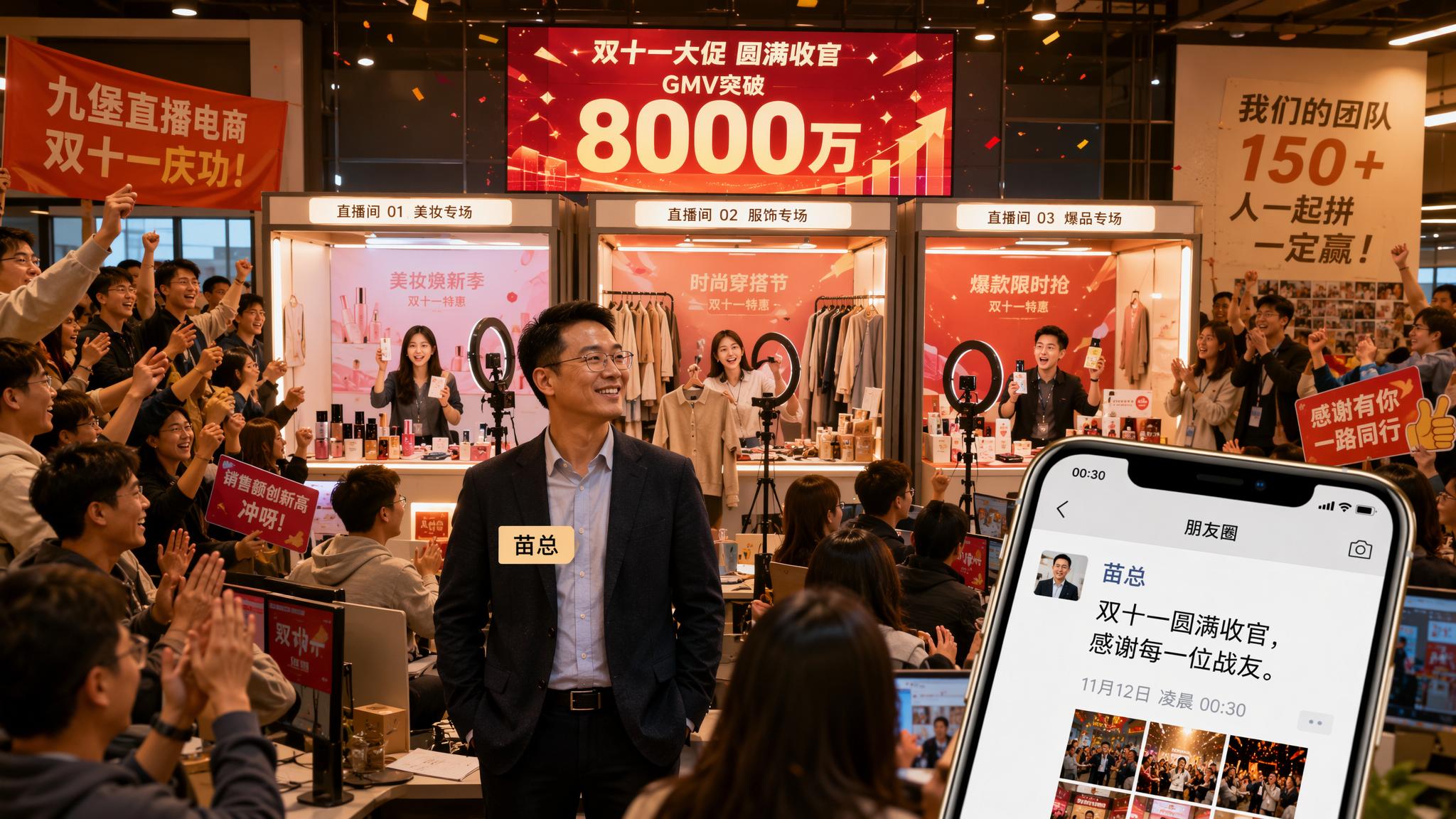 微信公众号文章插图，杭州九堡直播电商公司双十一庆功场景。画面中… - 图片创意预览