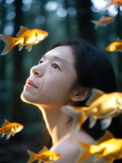 森林少女，环绕动态模糊的金鱼，金鱼发光，梦核暗调。脸部一束光，奶油肌，特写预览效果