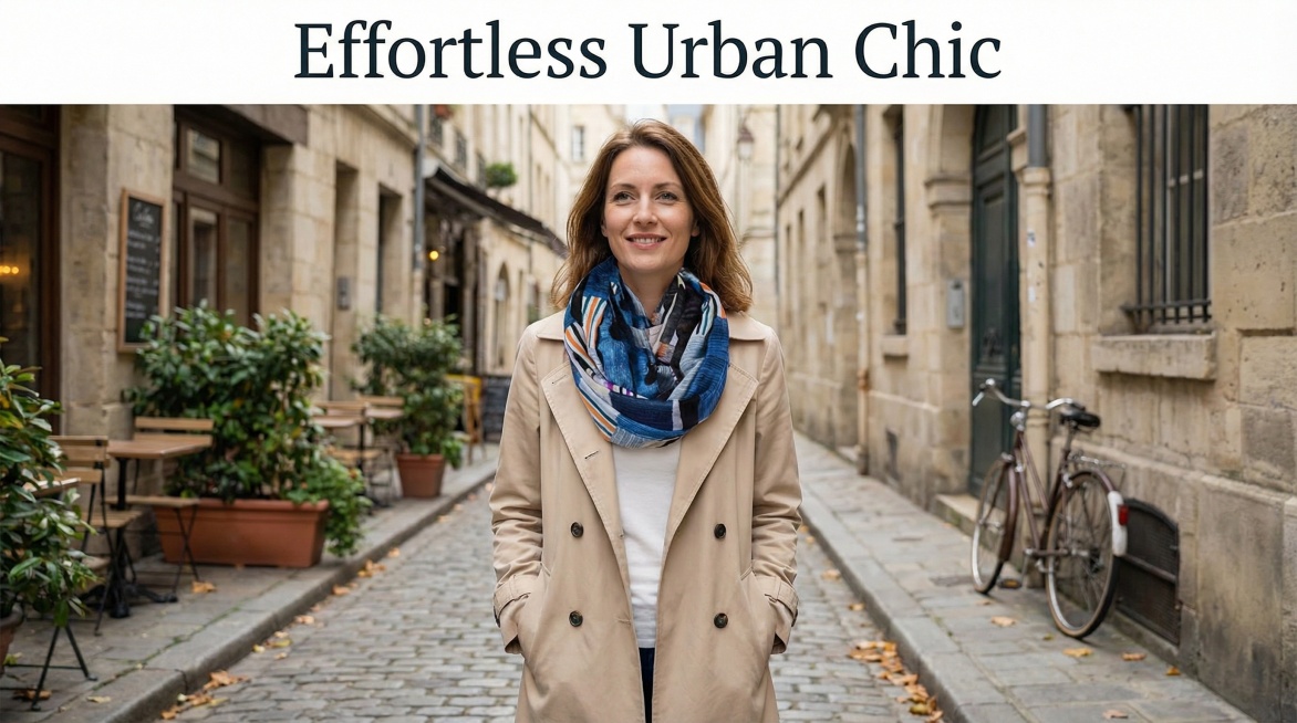 欧美女士在充满文艺气息的街头，身穿简约米色风衣，搭配图中的蓝色彩格薄纱围巾，自然随性地行走，背景是复古街景，画面上方添加英文文案"Effortless Urban Chic"预览效果