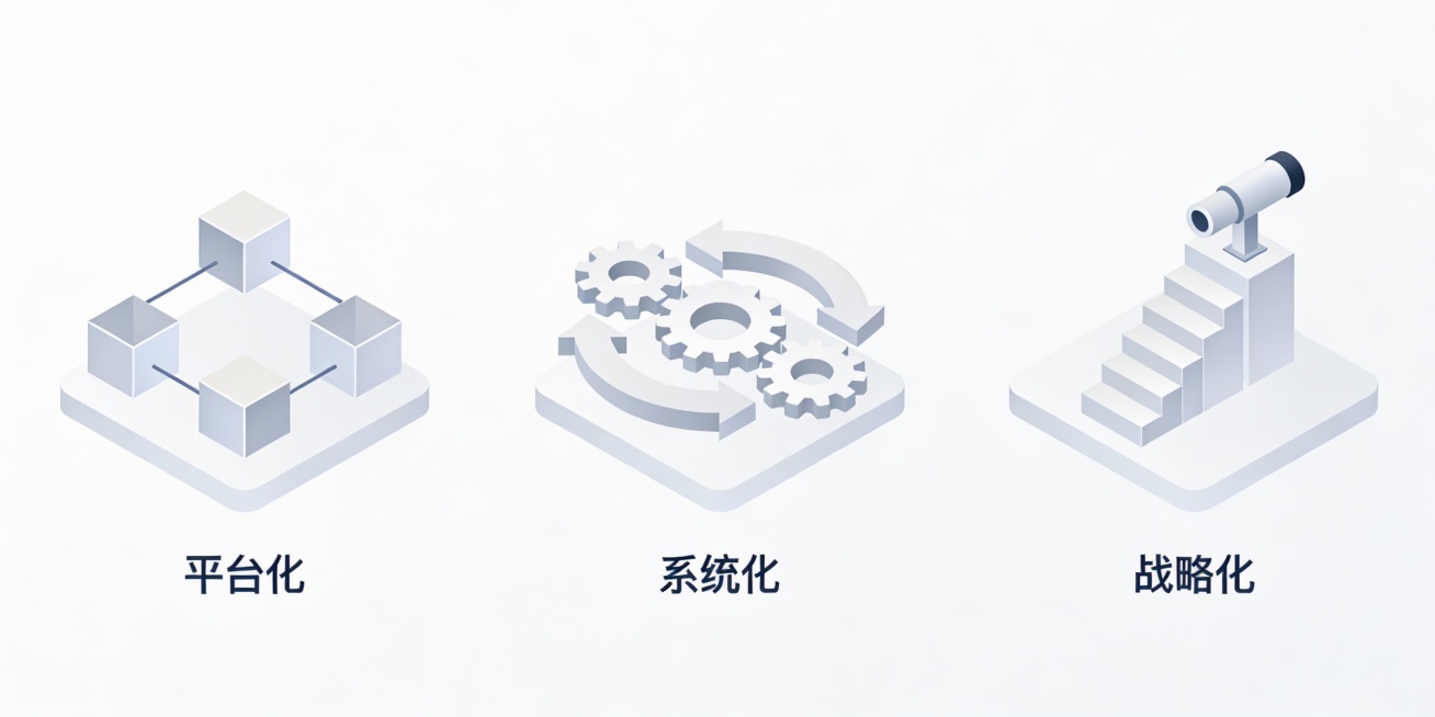 三张图等距排列，分别用组合的扁平化图标表现平台化、系统化、战略化，保持统一风格，扁平化插图，严谨，清新，浅色配色，主题突出，多点构图，黄金分割，结构合理，逻辑清晰，无杂乱元素，简约，纯白色背景，无文字预览效果