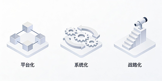 三张图等距排列，分别用组合的扁平化图标表现平台化、系统化、战略化，保持统一风格，扁平化插图，严谨，清新，浅色配色，主题突出，多点构图，黄金分割，结构合理，逻辑清晰，无杂乱元素，简约，纯白色背景，无文字，极简风格