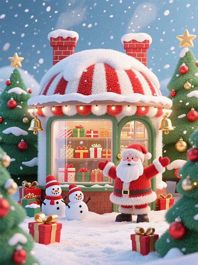软3D风圣诞场景，毛发生长质感的雪屋与角色，重拟物风格的礼物与装饰，搭配卡通感十足的圣诞老人与雪人，营造温馨喜庆的节日氛围。