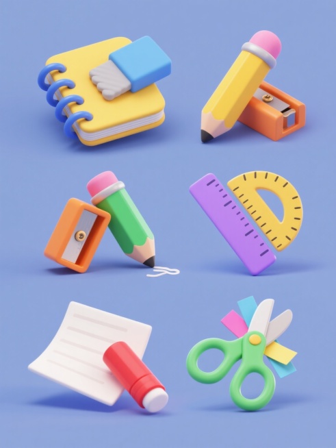 一套6个完全不同的文具元素集合，采用圆润可爱的3D立体风格，柔和渐变色彩，每个元素均有清晰的高光和阴影，底部带有轻微投影，整体呈规整网格排布在纯色背景上。包含粉色笔帽黄色笔身的铅笔斜放在黄色封面蓝色线圈的笔记本上、蓝色橡皮擦拭去灰色铅笔字迹的场景、橙色削笔刀正在削绿色铅笔的动态瞬间、紫色尺子与黄色量角器交叉摆放、红色胶棒斜靠在白色便签纸上、绿色剪刀剪切彩色纸条的画面，所有文具均保持统一的卡通化……预览效果