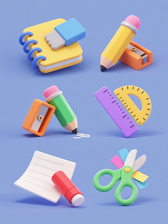 一套6个完全不同的文具元素集合，采用圆润可爱的3D立体风格，柔和渐变色彩，每个元素均有清晰的高光和阴影，底部带有轻微投影，整体呈规整网格排布在纯色背景上。包含粉色笔帽黄色笔身的铅笔斜放在黄色封面蓝色线圈的笔记本上、蓝色橡皮擦拭去灰色铅笔字迹的场景、橙色削笔刀正在削绿色铅笔的动态瞬间、紫色尺子与黄色量角器交叉摆放、红色胶棒斜靠在白色便签纸上、绿色剪刀剪切彩色纸条的画面，所有文具均保持统一的卡通化造型和明亮愉悦的色彩搭配，展现出一致的可爱文具主题和视觉风格。