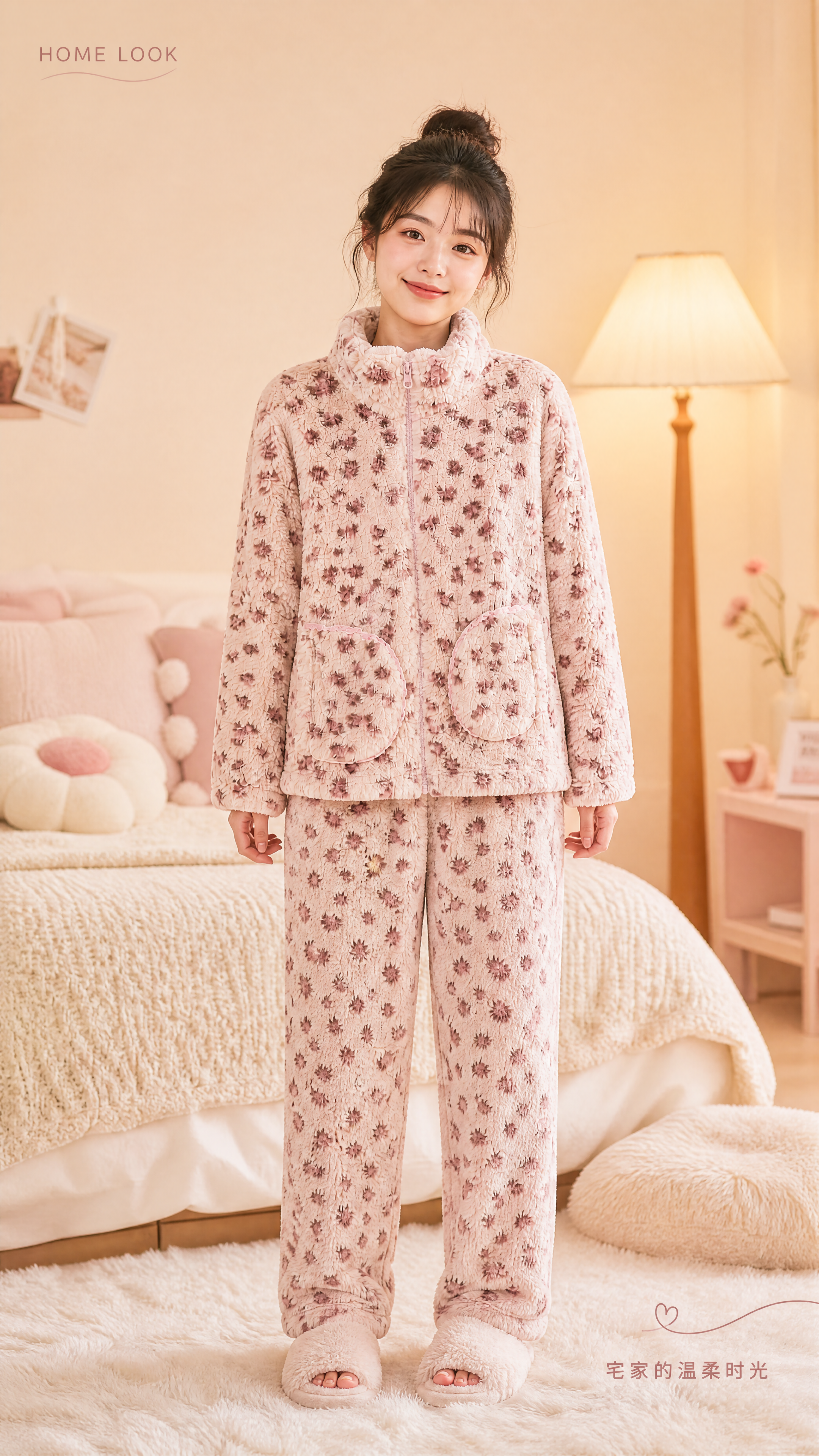 [商品] 使用【图1】粉色豹纹法兰绒家居服套装，生成亚洲年轻女… - 图片创意预览