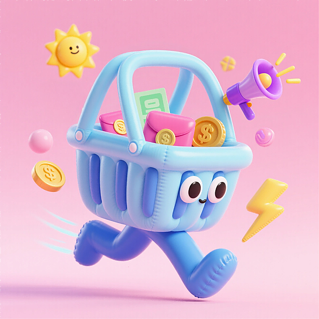 萌趣卡通风格，主视觉为正在奔跑的立体购物篮，内置红包、金币、优惠券，带两只卡通眼睛。环绕卡通太阳、喇叭、闪电等元素。清新马卡龙配色。