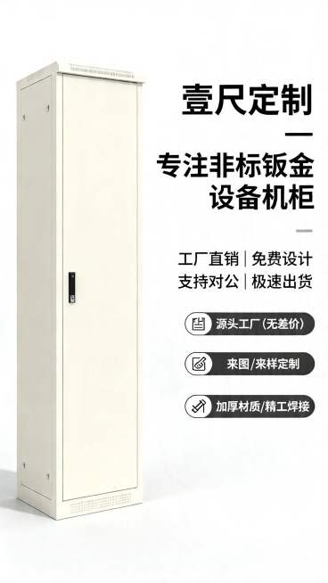 钣金设备机柜电商详情页首屏海报，左侧是调亮后的米白色非标钣金机柜实拍图，主标题"壹尺定制 —— 专注非标钣金设备机柜"，副标题"工厂直销 | 免费设计 | 支持对公 | 极速出货"，四个核心卖点标签：预览效果