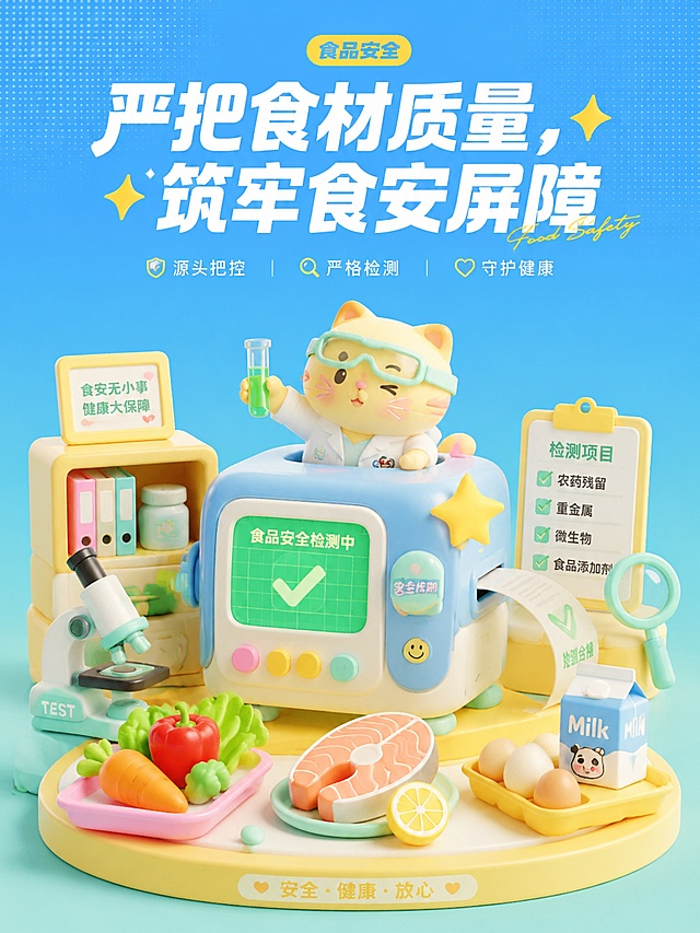 参考给定图片风格生成宣传食品安全检测海报，标语为"严把食材质量，筑牢食安屏障"，3D盲盒风格，马卡龙配色，清新明亮