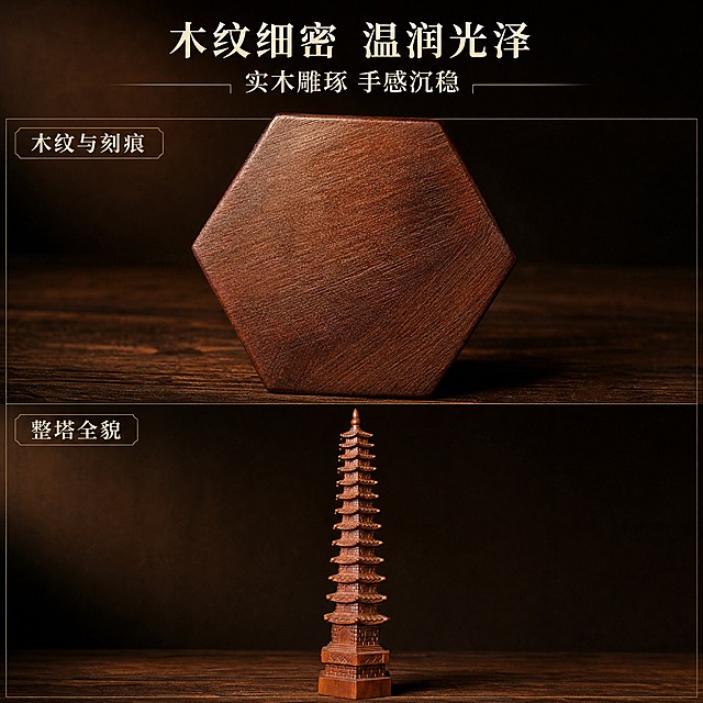 [主图-7] 材质工艺图，唯一任务讲木质与雕刻工艺：上下两格，上格为木纹与刻痕微距，下格为整塔全貌。[统一基调] 风格=新中式深色雅致商业摄影；背景主色=深棕黑渐变；标题字色=暖米白；辅助字色=浅暖灰；强调色=暗金，仅用于小面积细线分隔与细框小标签；字体=宋体类衬线粗体标题配细体正文；光源方向=左上45度暖光加侧后方轮廓光。[画面] 两格均使用实拍图为产品依据：上格取【图9】六角底座表面微距，深红棕木色木面可见细密顺向木纹与自然木疤质感、占格宽约85%居中；下格为【图1】整塔全貌，竖直居中、完整入画不切割、占格高约85%；两格以暗金细线分隔，格内均为深胡桃木台面加深棕黑渐变背景与柔和接触阴影。[光影质感] 左上45度暖光加侧后轮廓光，微距格需焦点准确、木纹锐利温润，全貌格需看清层层檐口层次。[配色] 暖色套系：深棕黑 + 深红棕木本色 + 暖米白文字 + 暗金细线，禁止冷蓝或蓝灰成为主色。[文字版式] 顶部主标题「木纹细密 温润光泽」、副标题「实木雕琢 手感沉稳」；两格各一行横排小标题「木纹与刻痕」「整塔全貌」；全部水平横向单行，禁止竖排、旋转、单字竖列，不遮挡主体。[输出要求] 1:1 方图，2K，材质与结构同输入图一致、雕刻清晰；负向：变形、层数异常、色差、主体虚化模糊、塑料感、水印、平台Logo、二维码、绝对化用语、功效类文案、竖排文字。