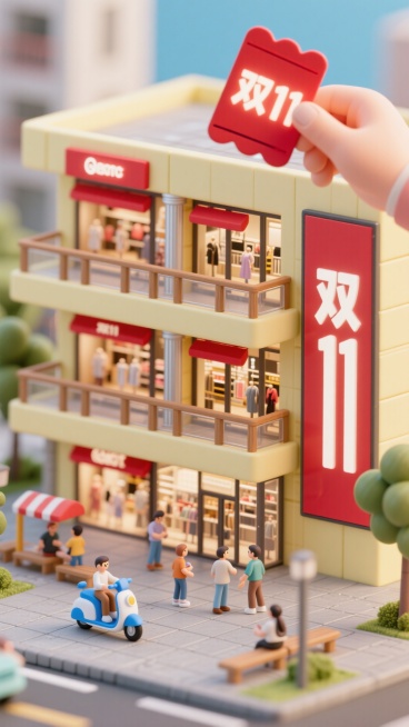 主体为错落式现代商场建筑，整体以浅黄为主色调，红色的橱窗装饰、店招与廊柱线条作为点缀，外立面满布全落地玻璃，三层及以上设有带木质护栏的现代感观景阳台。商场正前方矗立一座独立立式广告牌，巨型 “双 11预览效果