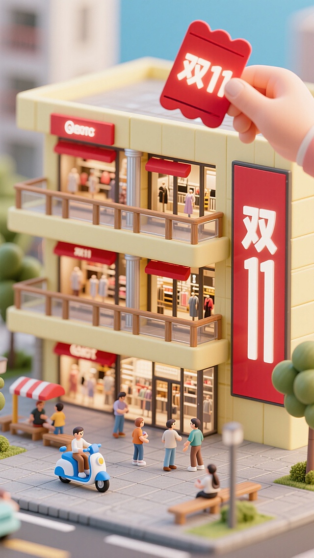 主体为错落式现代商场建筑，整体以浅黄为主色调，红色的橱窗装饰、店招与廊柱线条作为点缀，外立面满布全落地玻璃，三层及以上设有带木质护栏的现代感观景阳台。商场正前方矗立一座独立立式广告牌，巨型 “双 11” 艺术字体以红底白边样式呈现，视觉冲击力强。建筑顶部伸出一只肉色的手，掌心朝前托着一枚发光的红色优惠券，姿态生动自然。商场前是铺有灰色地砖的开阔广场，周边街景里，蓝白相间的共享电动车整齐停放在划线区域，行人和购物人群步履从容，部分顾客在商场内的休闲区高脚椅上聊天小憩，购物者在店铺内有序挑选商品，整体氛围高效、有序且充满现代消费活力。