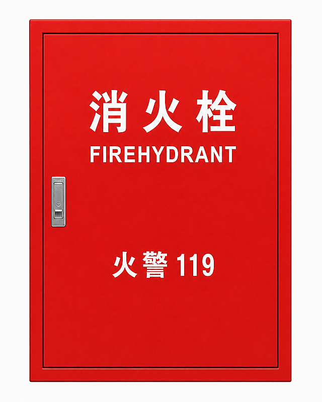 将这张消火栓箱图右侧的金属把手移动修改到门的左侧，保留所有文字内容和红色箱体整体样式不变