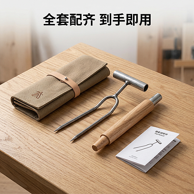 松土两齿叉详情图-套装展示，简约实用风格。两齿叉+替换木柄+收纳袋套装摆放在浅棕色木板上，旁边放着使用说明书。顶部文案“全套配齐 到手即用”，文字为黑色无衬线体，不遮挡产品。1:1比例 2k分辨率，产品外观和上传的松土叉完全一致