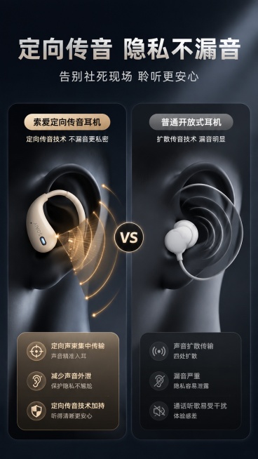 [第5屏] 定向传音对比-索爱蓝牙耳机不漏音技术对比。本屏使用【图1】提取产品色彩和结构特征。
[氛围/风格] 深色科技实景风，8K高清画质，色调沉稳高级
[元素布局] 左右分栏对比构图，各占50%宽预览效果