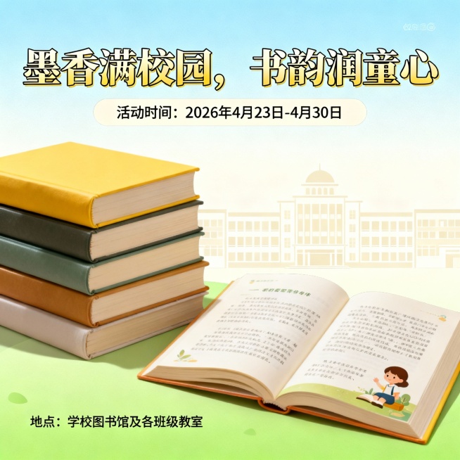 制作一张“校园读书节”活动宣传海报。
必须包含元素：
1.主标题（可使用AI生成一句吸引人的口号）。
2.活动时间、地点等基本信息。
3.至少一张装饰性图片（可从素材库挑选或使用第一题生成的图片）。预览效果
