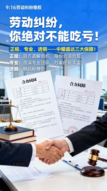 主标题：劳动纠纷，你绝对不能吃亏！
副标题：正规、专业、透明——中耀盛达三大保障！
正文：
正规：官方调解组织，身份合法合规；
专业：资深专业团队，办案经验丰富；
透明：明码标价，无隐藏费用。
根据以预览效果