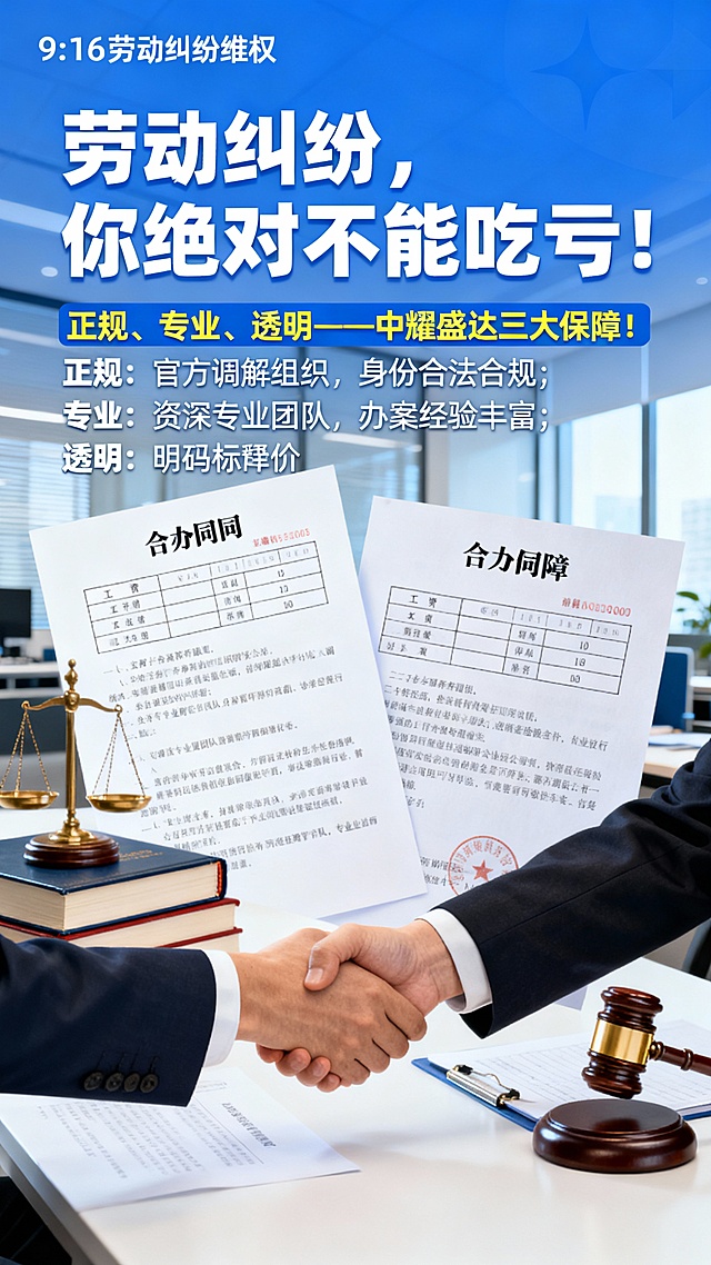 主标题：劳动纠纷，你绝对不能吃亏！
副标题：正规、专业、透明——中耀盛达三大保障！
正文：
正规：官方调解组织，身份合法合规；
专业：资深专业团队，办案经验丰富；
透明：明码标价，无隐藏费用。
根据以上信息，设计一张9：16的海报，要求画面体现劳动纠纷场景