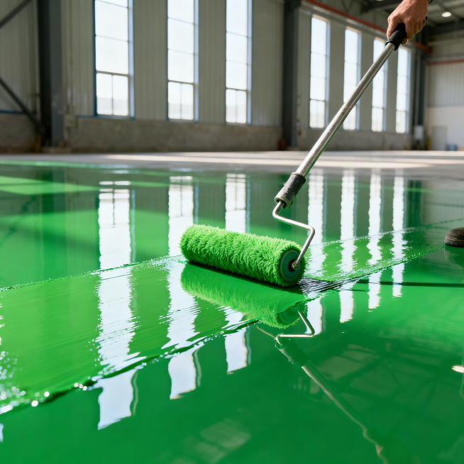 超写实商业摄影，画面聚焦于一只长杆滚筒刷，正在亮绿色的光滑地坪漆表面匀速滚涂，滚筒绒毛沾满同色漆液，在地面上留下均匀的湿润涂层，漆面带有强烈的镜面反光，清晰倒映出滚筒、支架与背景的竖条光影。背景是明亮预览效果