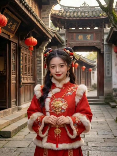 画面里的这个女生在面向镜头，向大家介绍她身后的福州三坊七巷，她站在三坊七巷的石板路上，旁边古建筑装点着红灯笼、福字、祥云造型彩灯，女生用福州方言热情介绍：「名侬故居荟萃，闽都嘣化之魂。歪身后面就系福州预览效果