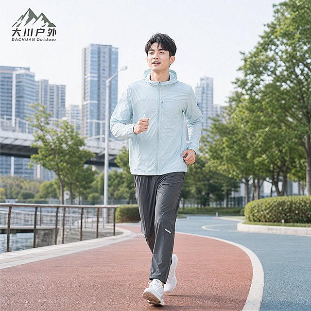 年轻帅气中国男生都市慢跑场景，25岁左右，皮肤白皙，阳光自信，短发清爽，身穿浅天蓝色超薄连帽防晒皮肤衣，深灰色运动长裤，在城市公园步道上慢跑，背景是现代建筑和绿树，自然光柔和明亮，人物全身构图，人物占画面约60%，四周留出空间，跑步动作自然，商业运动摄影质感，超高清，左上角放置大川户外LOGO（灰绿色山峰图案+大川户外DACHUAN Outdoor文字），LOGO尺寸适中，画面比例1:1。保持防晒衣外观结构颜色材质与参考图完全一致，无变形无色差。画面禁止出现多余的手、畸形手、面部扭曲、肢体穿模。