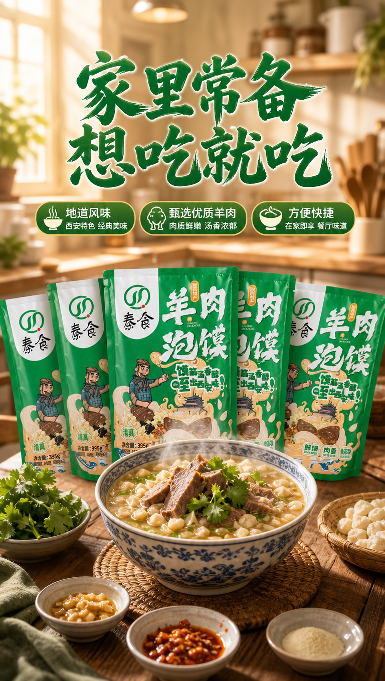 羊肉泡馍收尾页，9:16竖版。五袋绿色包装袋摆成扇形放在木桌上… - 图片创意预览
