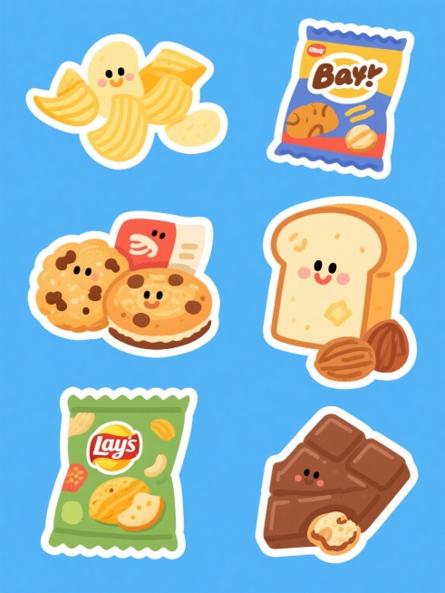 一套6款不同零食系列的插画集合，保持原有的卡通手绘风格，线条圆润流畅，色彩鲜艳明快，采用纯色背景，整体色彩进行变换调整，画面中包含薯片、饼干、曲奇、面包、坚果、巧克力，每种零食都有独特的包装设计和食物形态，它们被规整地排布在画面中，形成一个和谐统一的零食组合插画，具有强烈的视觉吸引力和童趣感。预览效果