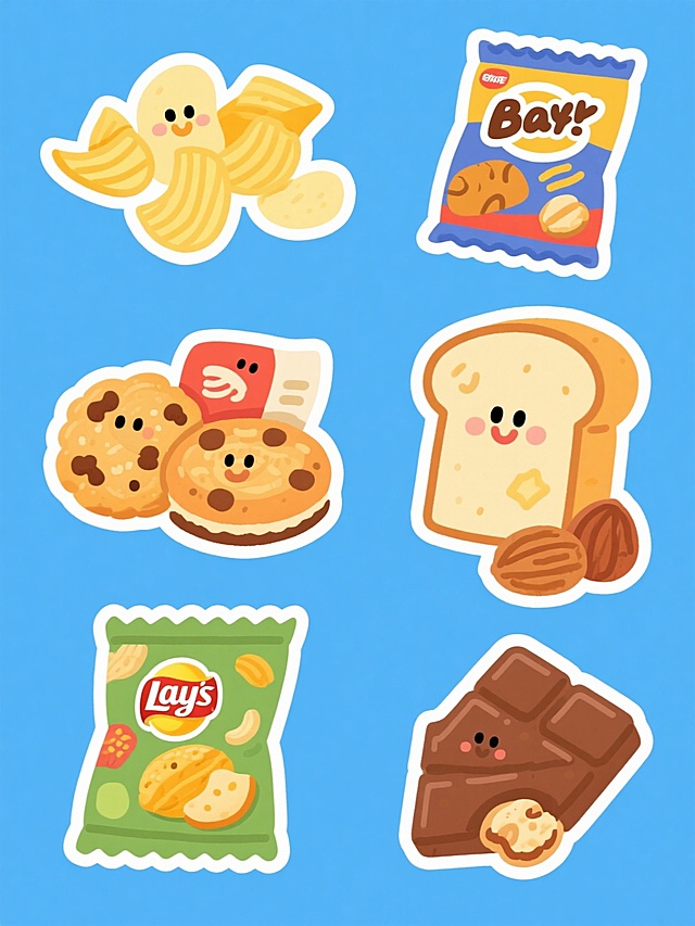 一套6款不同零食系列的插画集合，保持原有的卡通手绘风格，线条圆润流畅，色彩鲜艳明快，采用纯色背景，整体色彩进行变换调整，画面中包含薯片、饼干、曲奇、面包、坚果、巧克力，每种零食都有独特的包装设计和食物形态，它们被规整地排布在画面中，形成一个和谐统一的零食组合插画，具有强烈的视觉吸引力和童趣感。