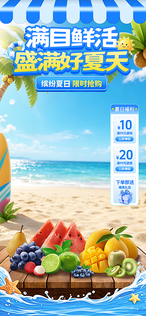 夏日海边沙滩生鲜水果促销直播贴片直播间 缤纷夏日限时抢购电商活动素材