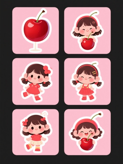 插画，红色的樱桃卡通小女孩，6个，粉色背景预览效果