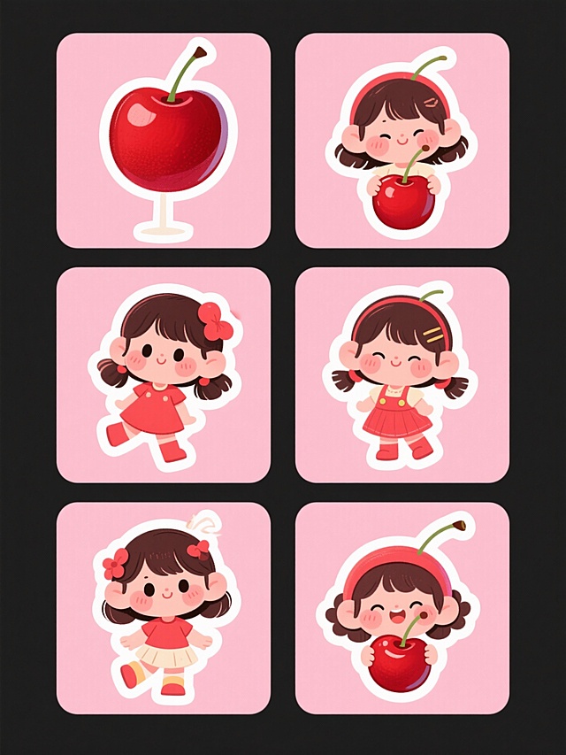 可爱樱桃女孩插画，扁平风与拟人化结合，手账风贴纸设计，粉色系甜蜜感十足，适合节日装饰。