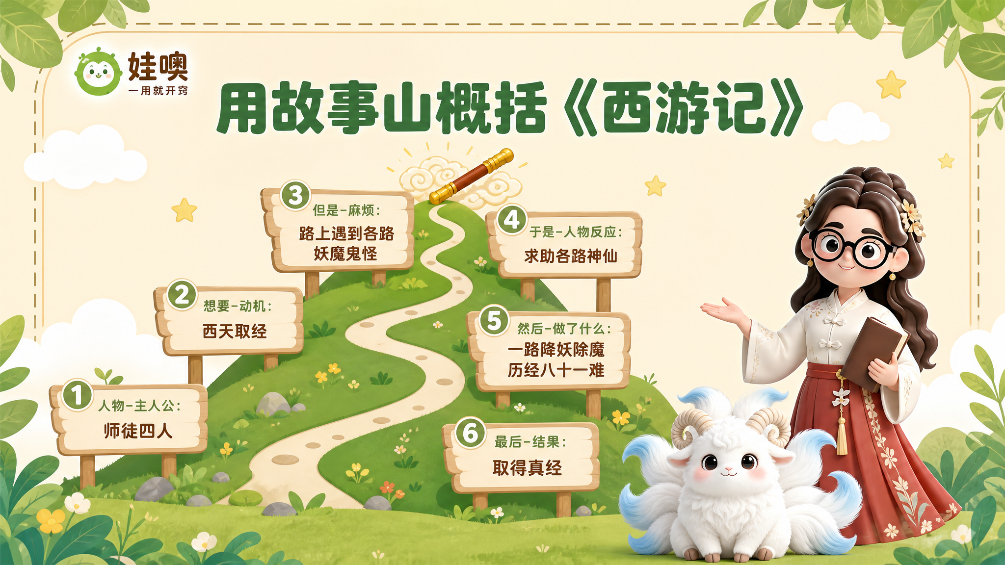 A4横版儿童教育PPT页面，清新杏色和绿色可爱风格，浅杏色背景… - 图片创意预览