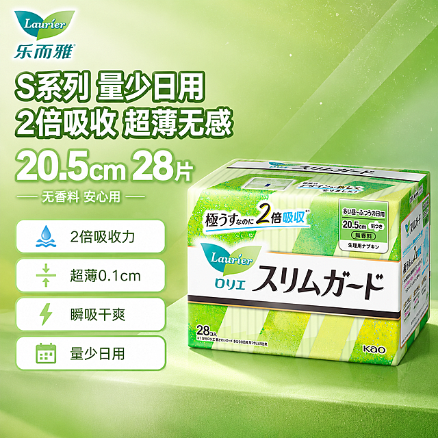 [单张主图] 乐而雅S系列量少日用卫生巾 爆款促销感SKU主图 产品在右卖点在左 1:1淘宝天猫主图。
[画面主体] 右侧放置乐而雅S系列量少日用卫生巾包装盒（20.5cm*28片），产品正面朝向左前方略倾斜，主体完整清晰，占画面约55%，位于画面右半区。保持产品外观（即物理结构、材质质感、颜色、包装图案、Logo、日文文字）与输入产品图完全一致，杜绝任何变形和色差，精细化处理包装的光泽与立体感。产品底部有柔和投影，自然落在背景台面上，无悬浮感。
[构图版式] 采用左文右品标签参数型版式。左侧约40%区域为卖点信息区，右侧约60%为产品主体展示区。信息区从上到下依次为：顶部品牌位、主标题、核心规格数字、4组卖点标签卡片。产品位于右半区居中偏下，背景与产品包装主色调一致。
[场景元素] 背景为渐变绿色系，从左上浅绿渐变到右下深绿，与产品包装主色调保持一致；背景带有细腻的微光颗粒质感和淡淡的几何斜纹，增加层次但不抢主体。底部有一条同色系柔和台面承托产品。左上角安全区放置Laurier乐而雅品牌Logo，字形颜色与产品包装一致。左侧卖点区配有4个圆角矩形标签卡片，每个卡片左侧有小图标，右侧为卖点文字。画面整体干净专业，电商主图质感。
[文案版式] 左上角品牌位："Laurier 乐而雅"。主标题两行左对齐，第一行"S系列 量少日用"，第二行"2倍吸收 超薄无感"，主标题为大号粗黑体白色字，带轻微绿色描边增强对比。主标题下方突出大数字"20.5cm 28片"，数字为超大号白色粗体，下方小字"无香料 安心用"。下方4组卖点标签卡片竖向排列，每个卡片为白底绿色圆角边框，内文为深灰色：第一组"2倍吸收力"配水滴图标，第二组"超薄0.1cm"配厚度图标，第三组"瞬吸干爽"配闪电图标，第四组"量少日用"配日历图标。所有文字清晰可读，无遮挡产品主体。
[光影质感] 主光从左上方45度照射，产品正面受光均匀，包装塑料膜有自然高光反射；右侧有柔和辅光减弱阴影；底部有柔和接触阴影。整体光线明亮通透，商业摄影质感，产品立体真实。
[配色字体] 主色绿色（取自产品包装主色），辅助色白色，强调色深绿。字体为现代无衬线粗黑体，主标题最大，数字第二大，卖点文字最小，层级分明。
[比例分辨率] 1:1比例，2048*2048像素，2K分辨率，文字清晰锐利，超高清商业电商主图质感。
[负向提示词] 变形，文字错乱，产品图模糊，背景杂乱，水印，电商平台Logo，伪Logo，主体遮挡，低清晰度，错误结构，多余的手，畸形手，人物面部扭曲。