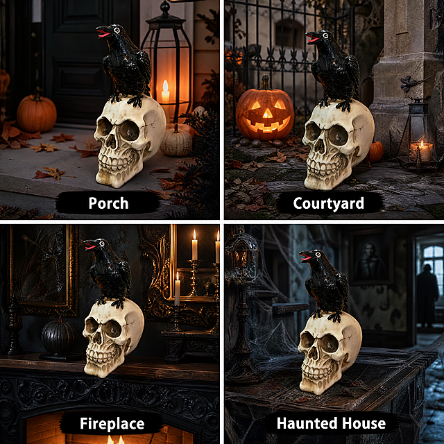 [Main Image 4] Multi scene adaptability display of Halloween Black Crow on Skull Decor. Split screen layout showing product placement effects in four different scenarios: courtyard, fireplace mantel, party table, haunted house corner. In each sub-picture keep the product appearance consistent with the original image, show the product can adapt to a variety of different space. Text label below each sub-picture: "Porch" "Courtyard" "Fireplace" "Haunted House". All English text, clear font, neat layout. Overall light style consistent, dark gothic atmosphere unified. 1:1 square, 4K resolution, Amazon compliance. Negative prompt: deformation, text confusion, color inconsistency, product cutting.