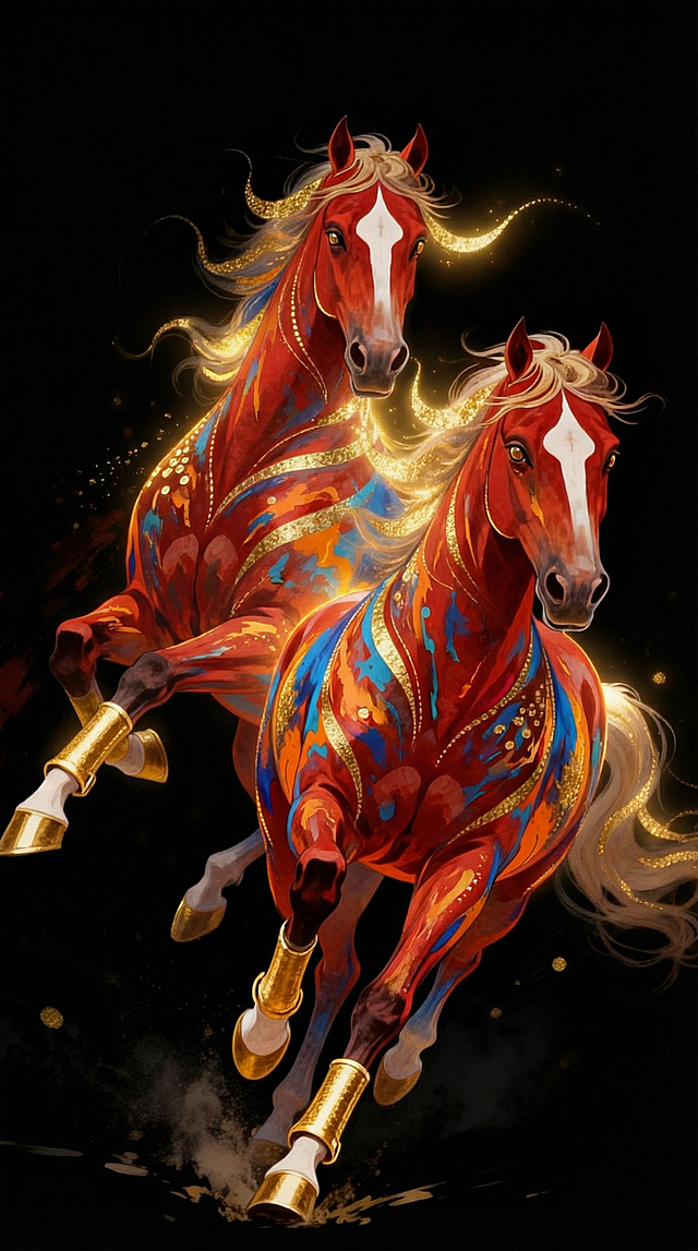 鎏金风与厚涂风交织，双骏腾跃于虚幻夜空，红蓝交融的鬃毛闪耀神圣光辉，插画风呈现梦幻而热血的视觉盛宴，尽显奢华与唯美的极致碰撞。