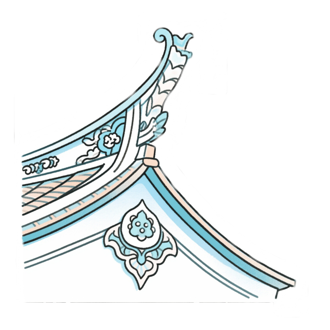 潮汕厝角头手绘线稿，淡蓝色调厝角头渐变插画，透明度调至30%作为底纹预览效果