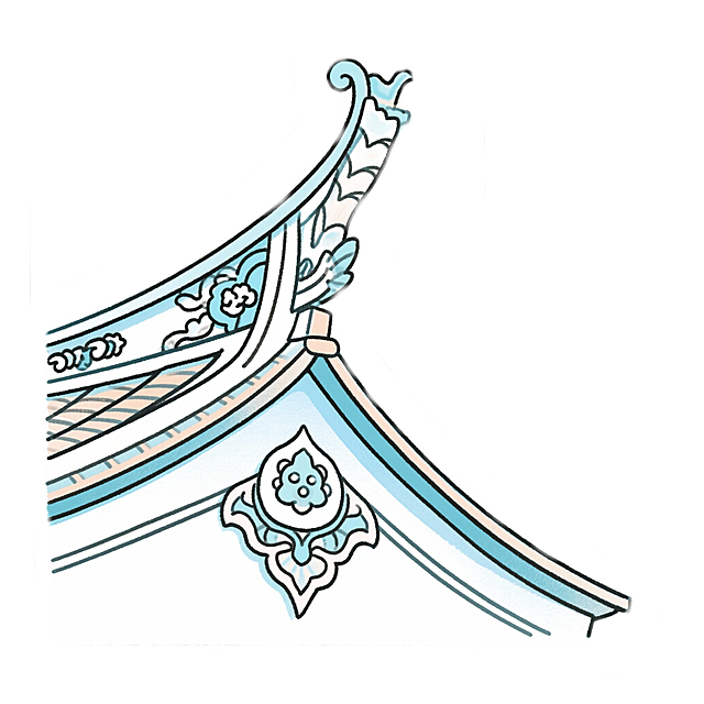 潮汕厝角头手绘线稿，淡蓝色调厝角头渐变插画，透明度调至30%作为底纹